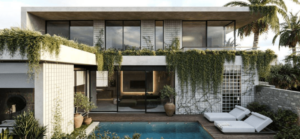 3 bedroom villa in in Bali for sale with stylish design. Pool and outdoor deck with sun loungers. Modern exterior. Sanur location