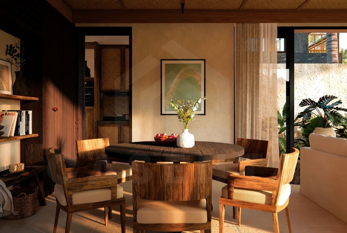 Dining area inside 3 bedroom riverfront villa in Ubud