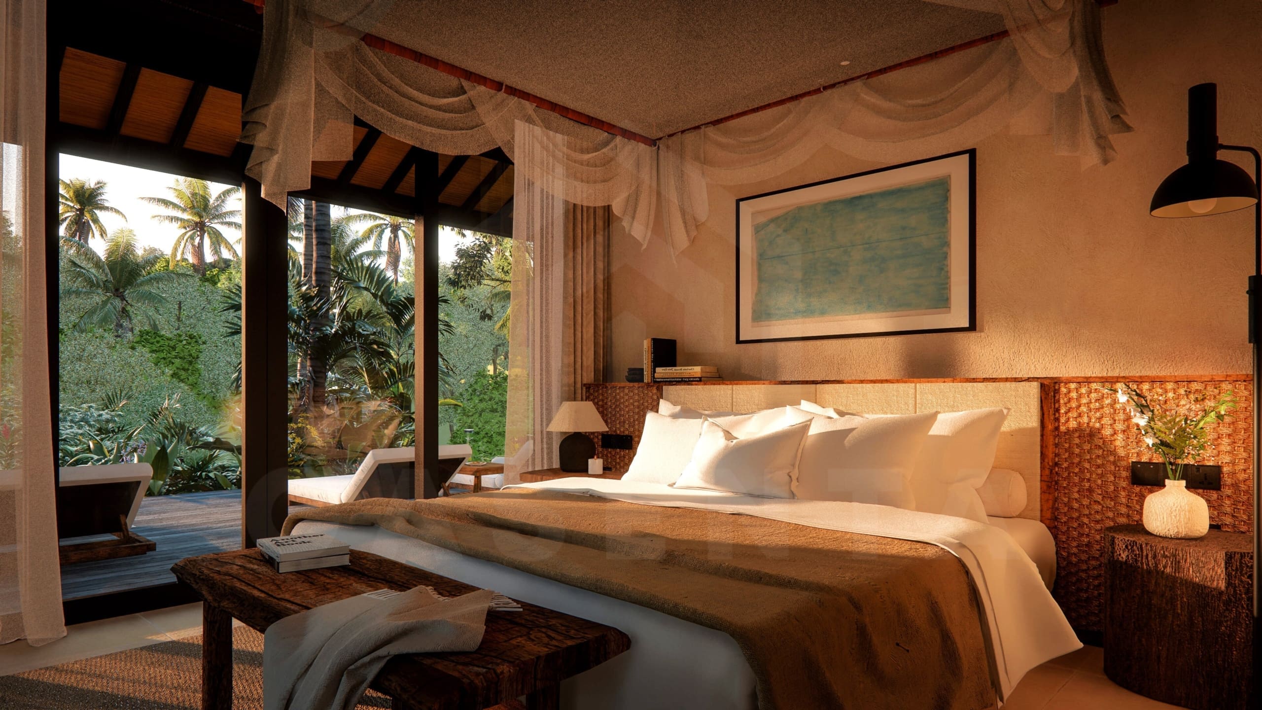 Bedroom inside enchanting riverfront villa in Ubud