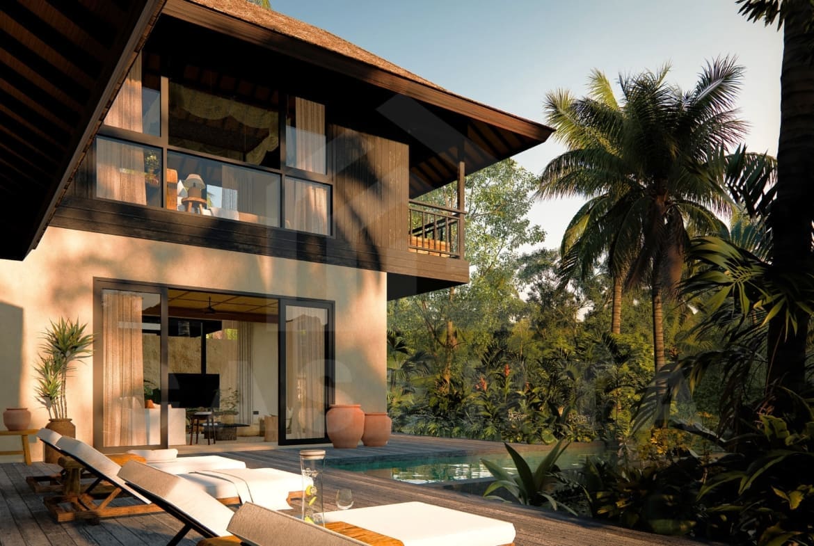 Terrace inside 3 bedroom riverfront villa in Ubud