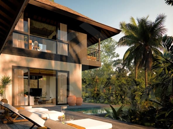 Terrace inside 3 bedroom riverfront villa in Ubud