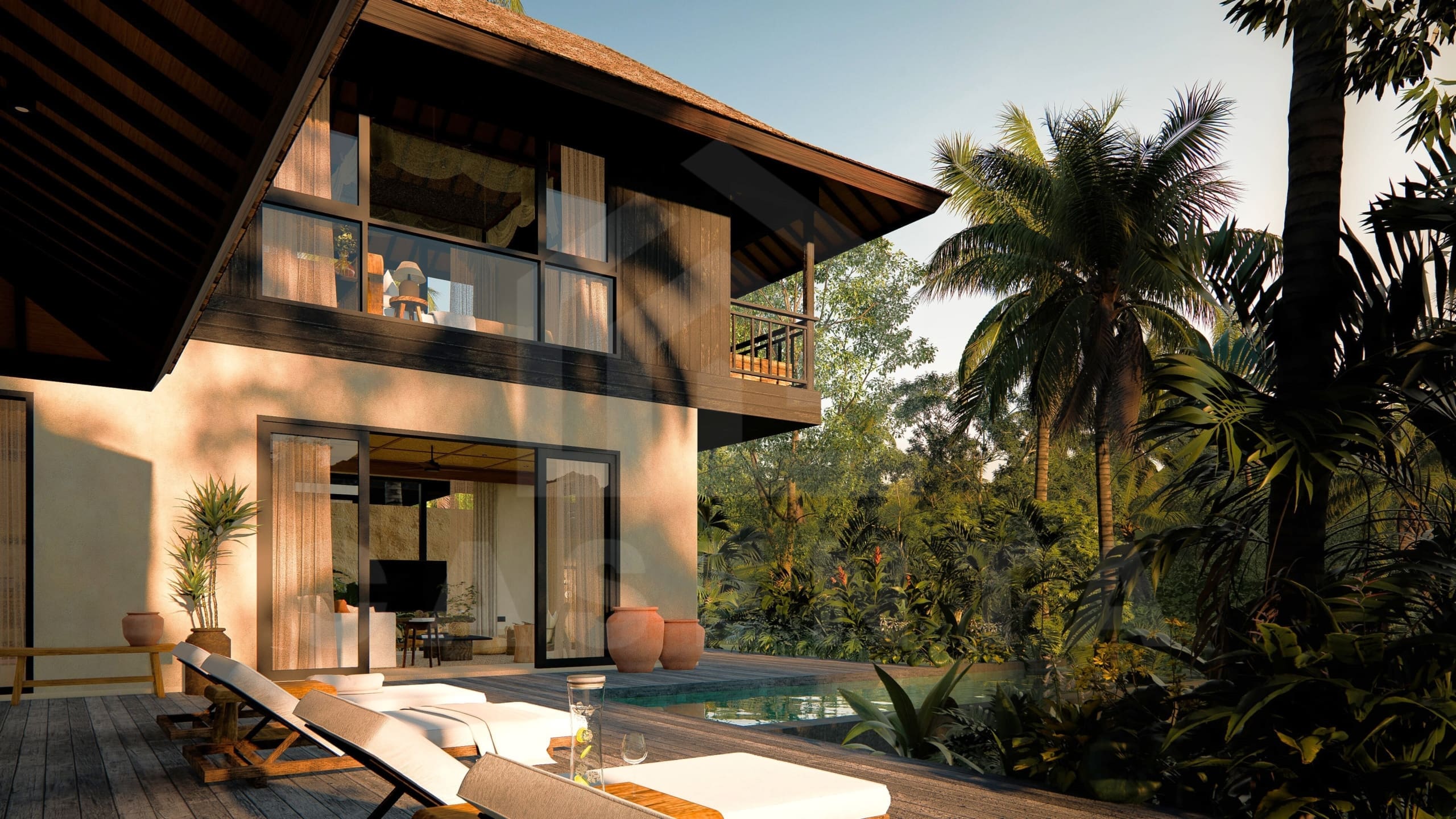 Terrace inside 3 bedroom riverfront villa in Ubud