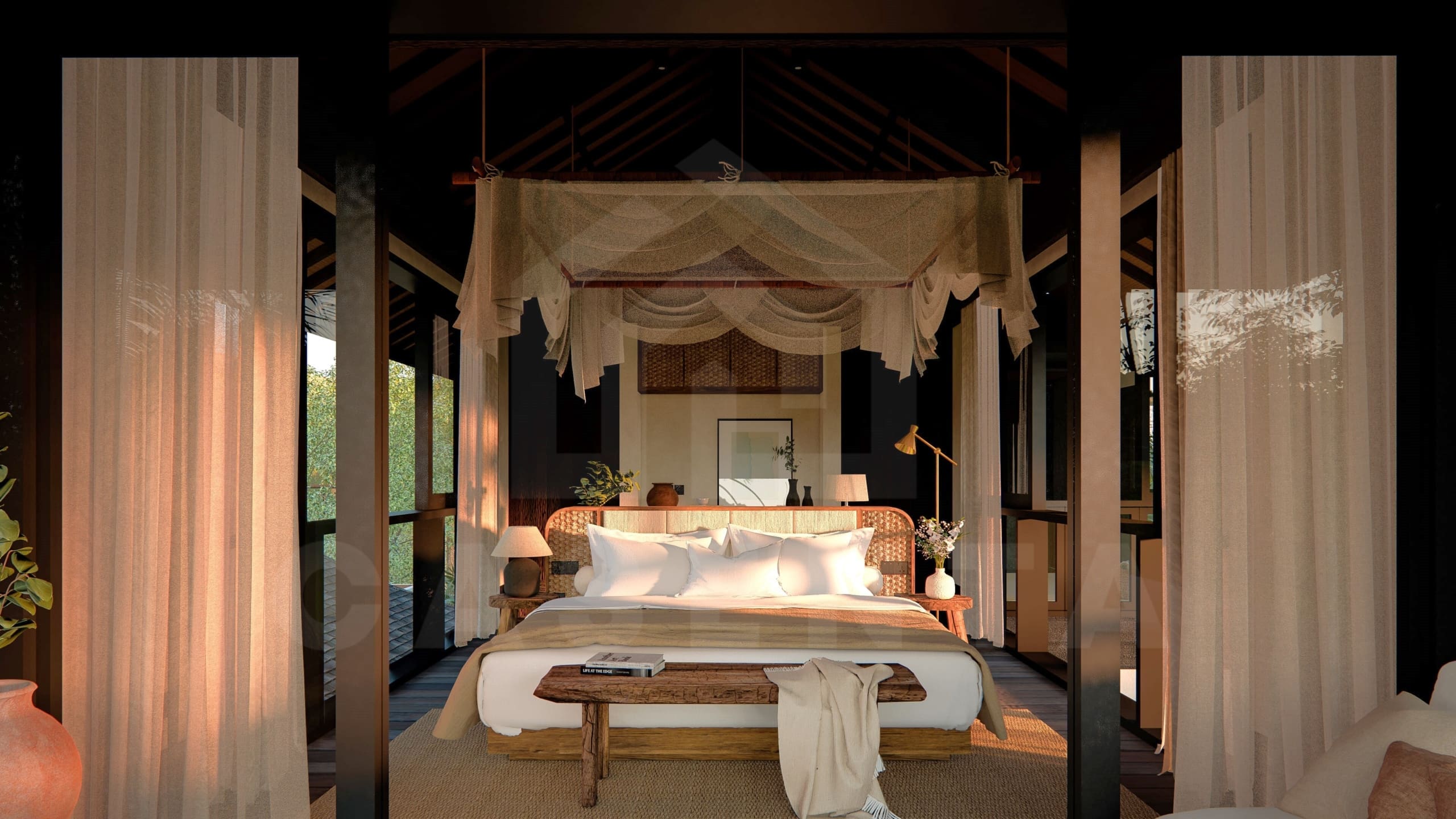 Bedroom inside enchanting riverfront villa in Ubud