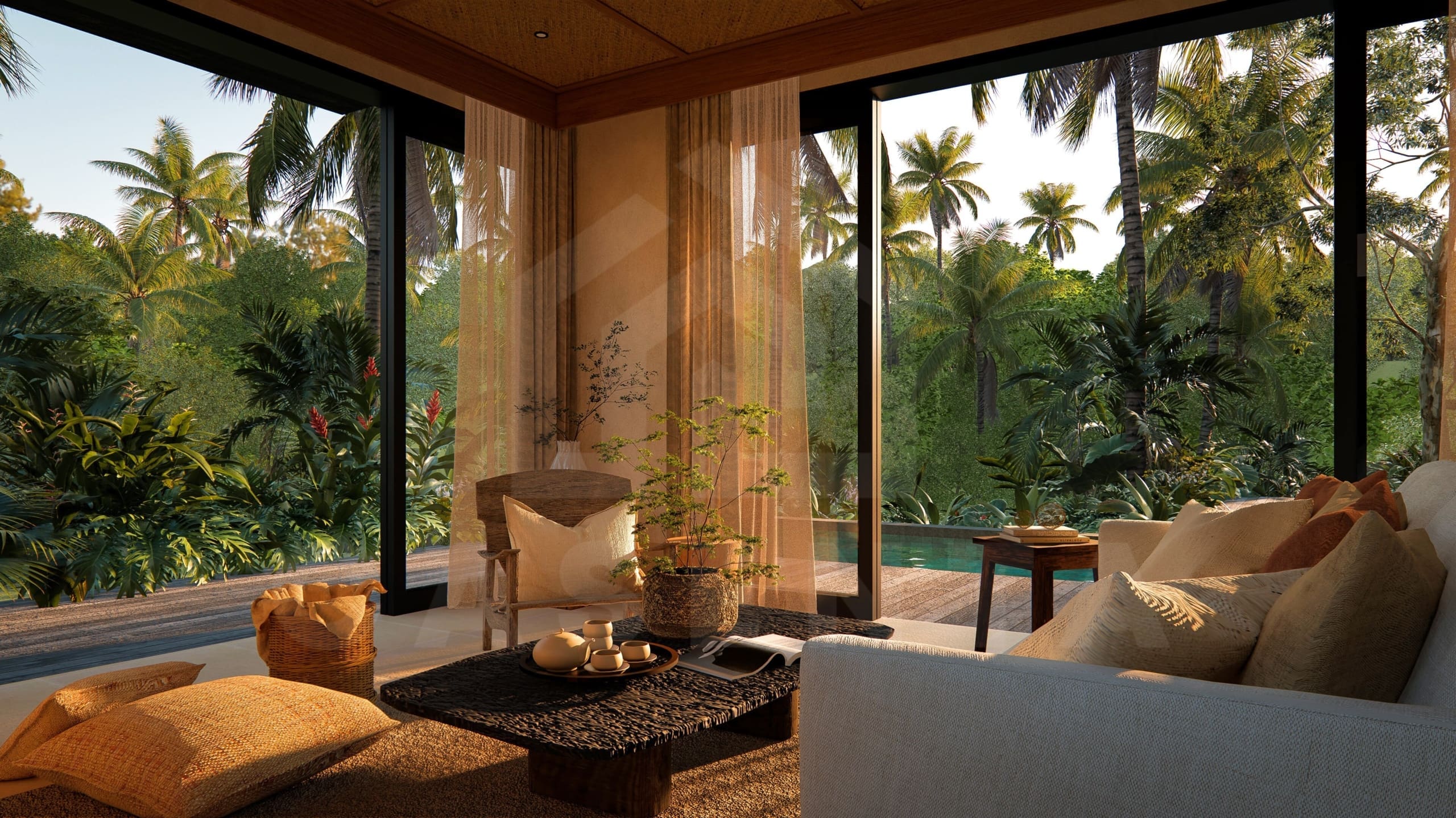 Living area inside 3 bedroom riverfront villa in Ubud