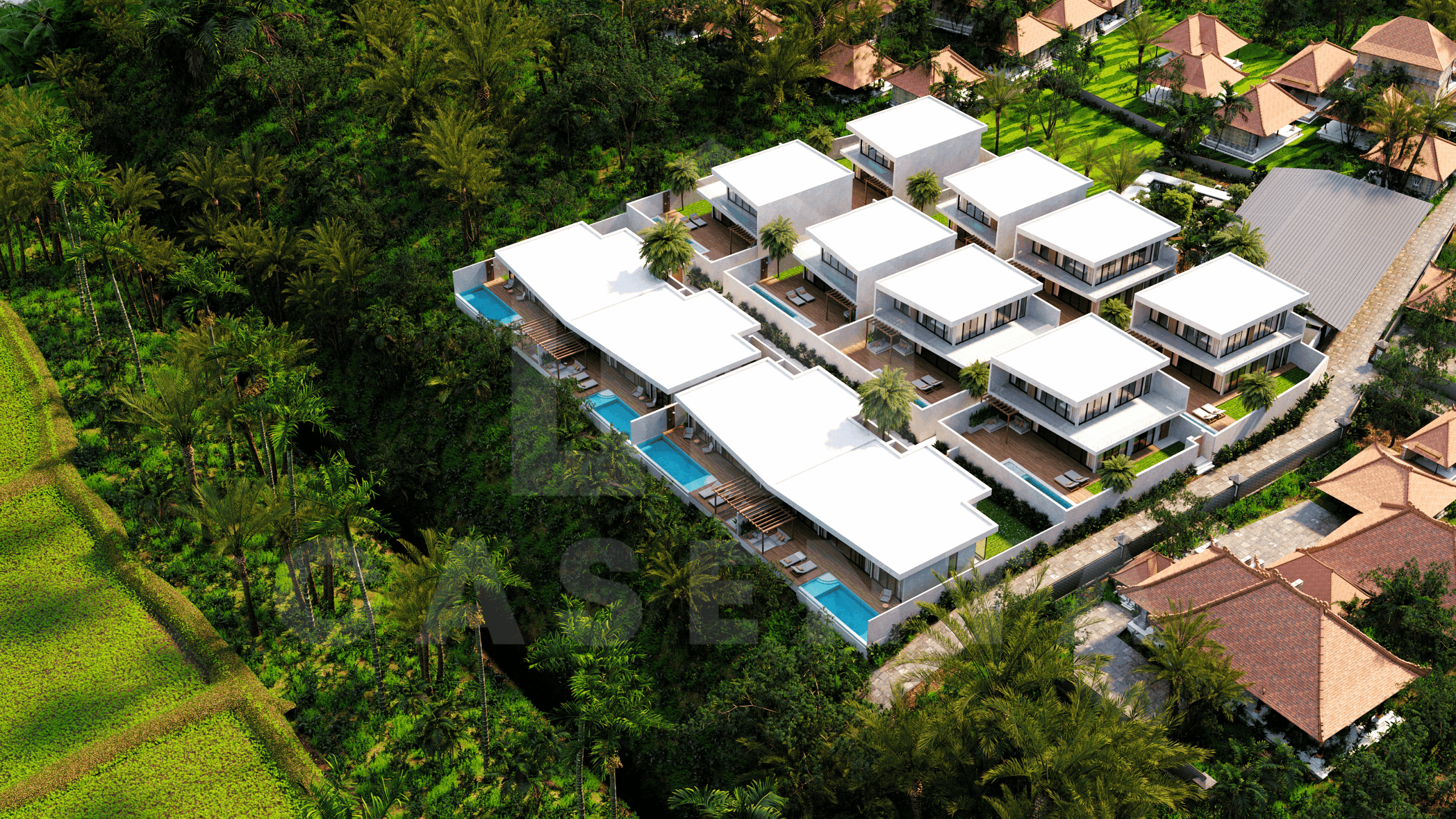 Aerial view of stylish 3 bedroom villa in Ubud