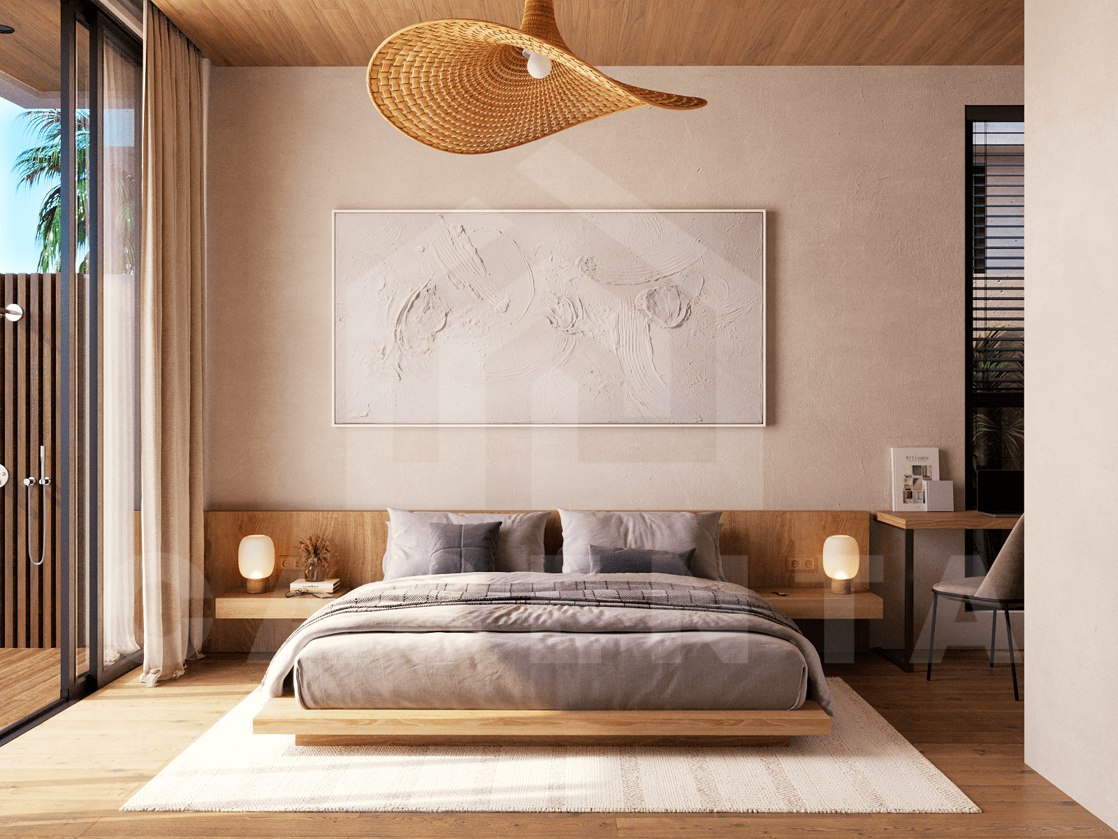 Bedroom inside stylish villa in Ubud