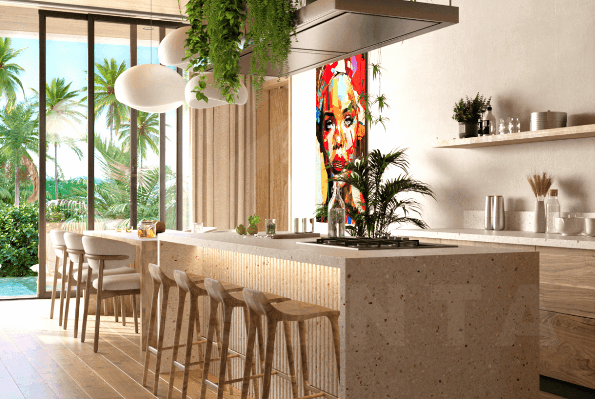 Kitchen/dining area inside stylish 3 bedroom villa in Ubud