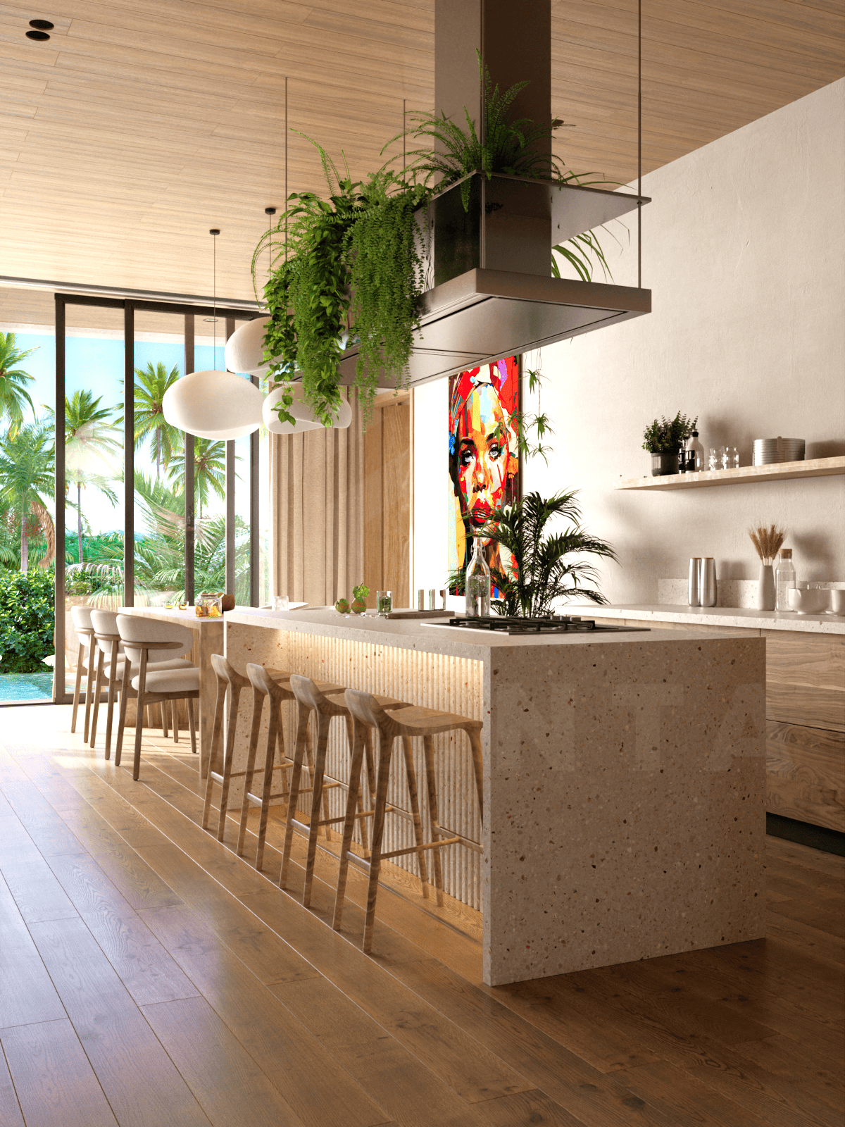 Kitchen/dining area inside stylish 3 bedroom villa in Ubud