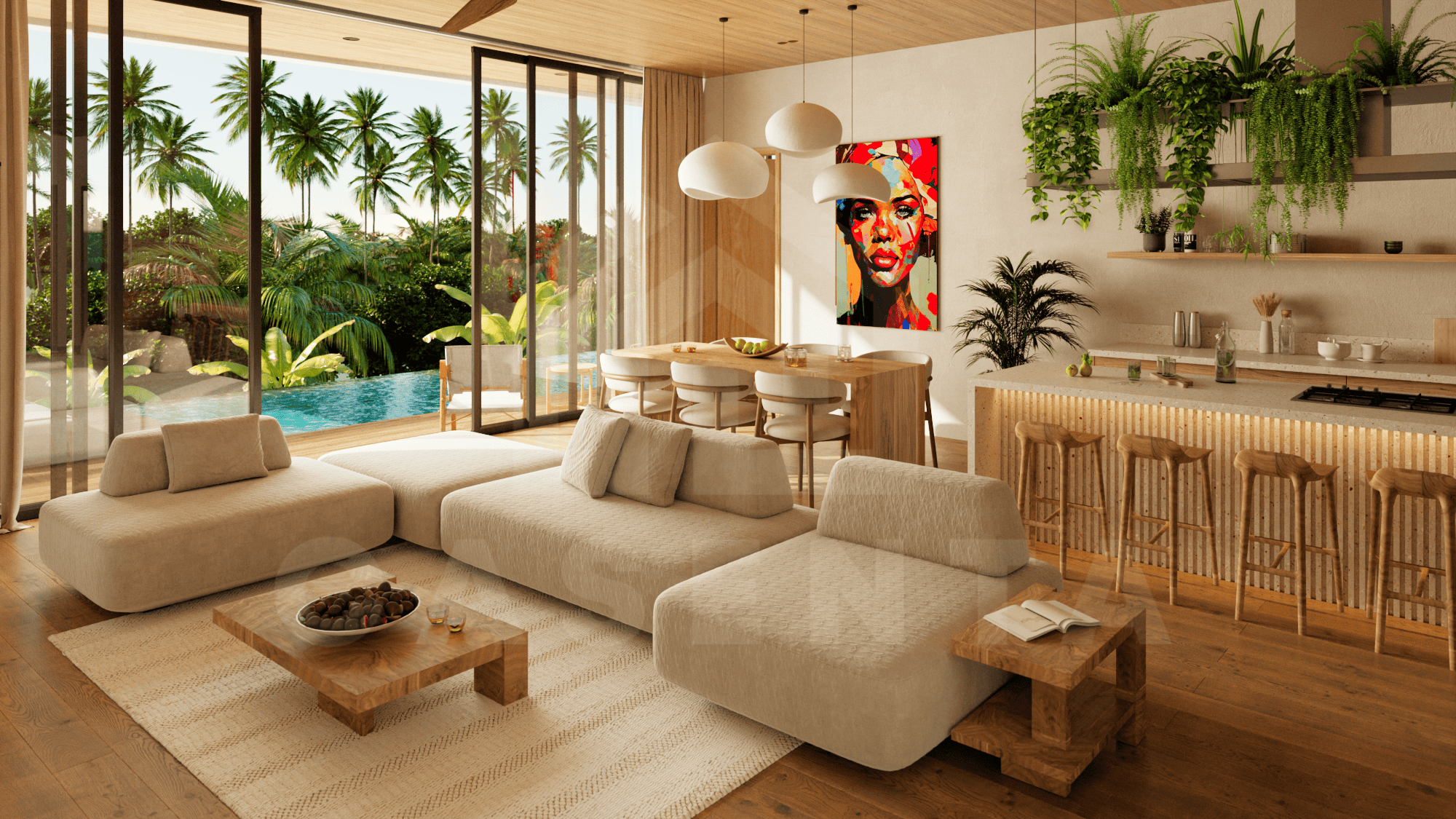 Living area inside stylish 3 bedroom villa in Ubud